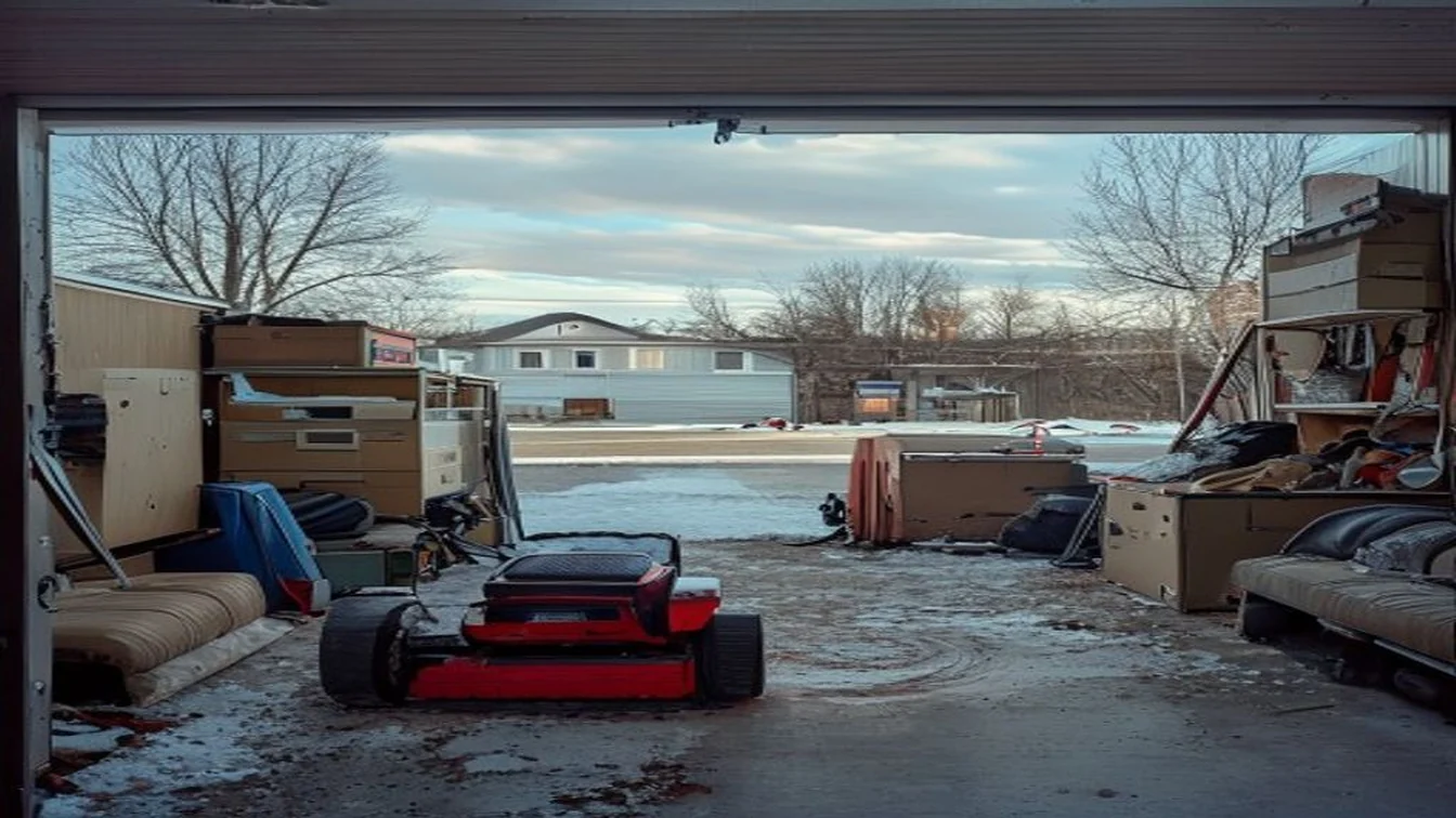Packed garage interior Cheyenne Wyoming Laramie County winter accumulation snow blower before spring junk removal cleanout